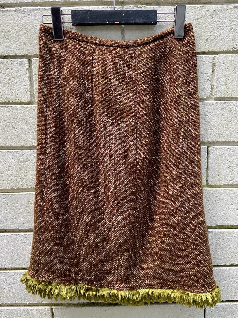 VINTAGE Brown Chartreuse Wool Tweed Fringe Pencil Skirt